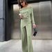 Women's Clothing Gray Knitted Fashionable Temperament One Shoulder Long Sleeved High Waist Wide Leg Pants Commuter Leisure Suit_ecoleips.com