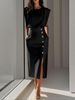 Women's Clothing Royal Sister Style Solid Color Round Neck Waist Slit Metal Button Summer Dress For Women_ecoleips.com