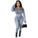 Women's Faux Denim Print Two Piece Set Autumn Winter Fashion Clothing_ecoleips.com