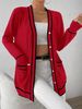 Smooth Fine Knit Cardigan, French Tweed Contrast Trim V-Neck Mid-Length Loose Outwear, Plus Size Women Casual Daily Commute Versatile Fashion Coat_ecoleips.com