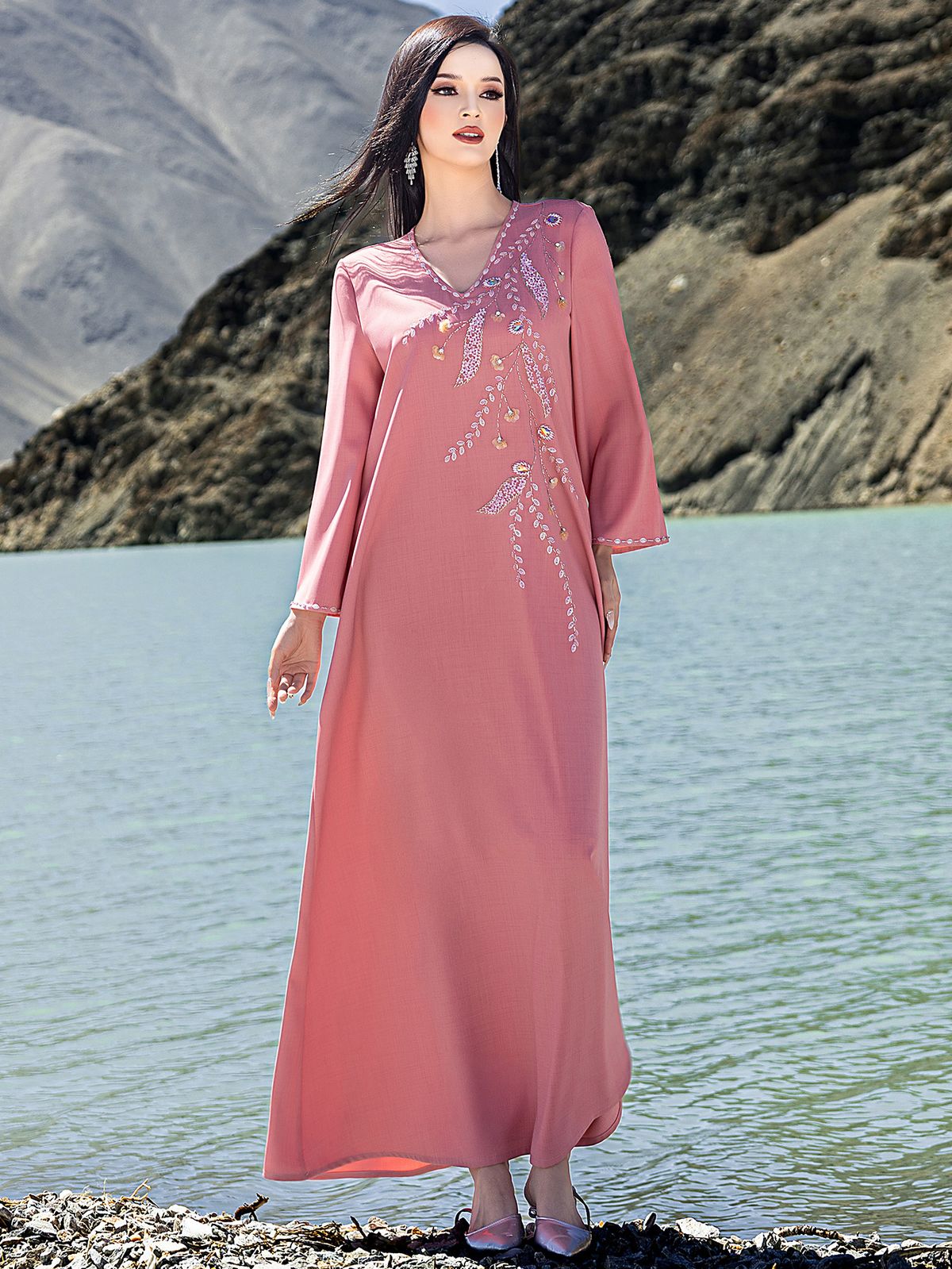 BA5226 Elegant Hand-sewn Rhinestone Evening Abaya Long Dress Muslim Robe_ecoleips.com