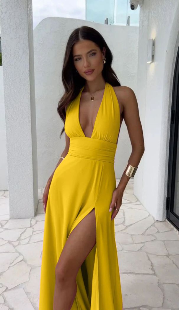 Women's Clothing New Fashion High End Temperament Halter Neck Sexy Slit Lace Up Solid Color Dress For Women_ecoleips.com