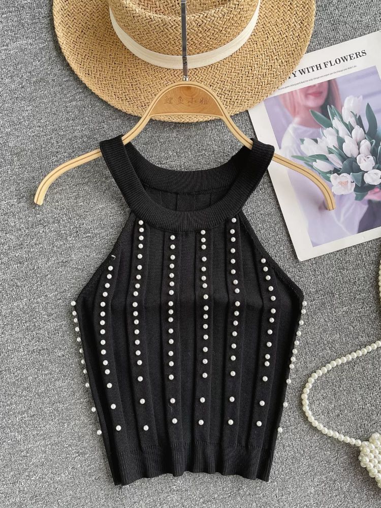 2024 Solid Color Crew Neck Tank Top Vacation Beaded Decor Sleeveless Tank Top For Summer Women's Clothing Crop Top_ecoleips.com