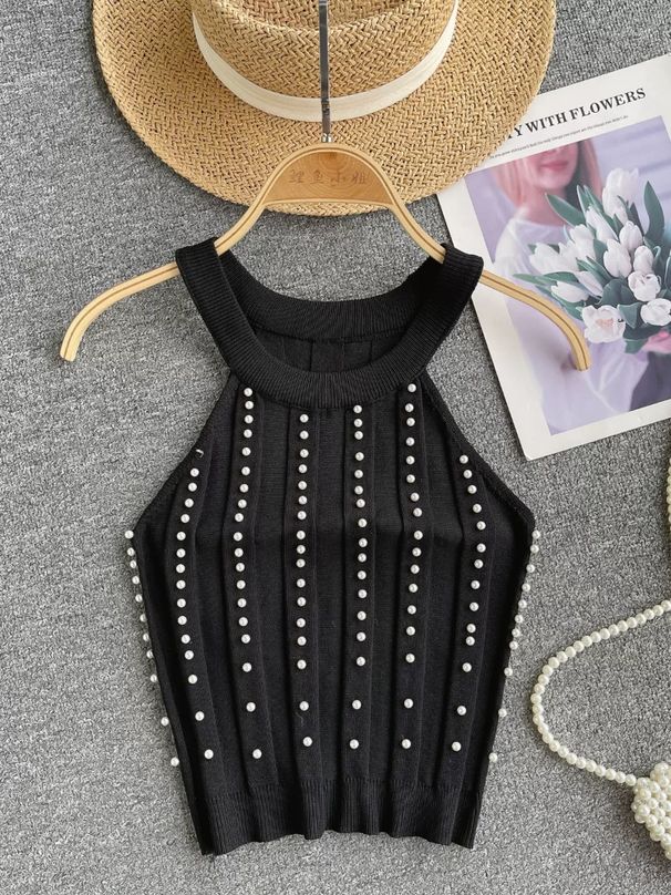 2024 Solid Color Crew Neck Tank Top Vacation Beaded Decor Sleeveless Tank Top For Summer Women's Clothing Crop Top_ecoleips.com