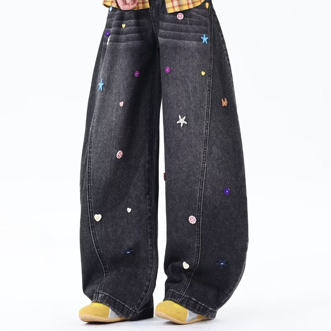 High-Waisted Floral Embroidered Straight Leg Jeans – Oversized Boyfriend Fit With Floor-Length Hem (Black/Blue, S-3XL)_ecoleips.com
