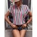 Verve 2025 Women's Spring Summer New Striped Print V-neck Batwing Sleeve Shirt T-shirt_ecoleips.com