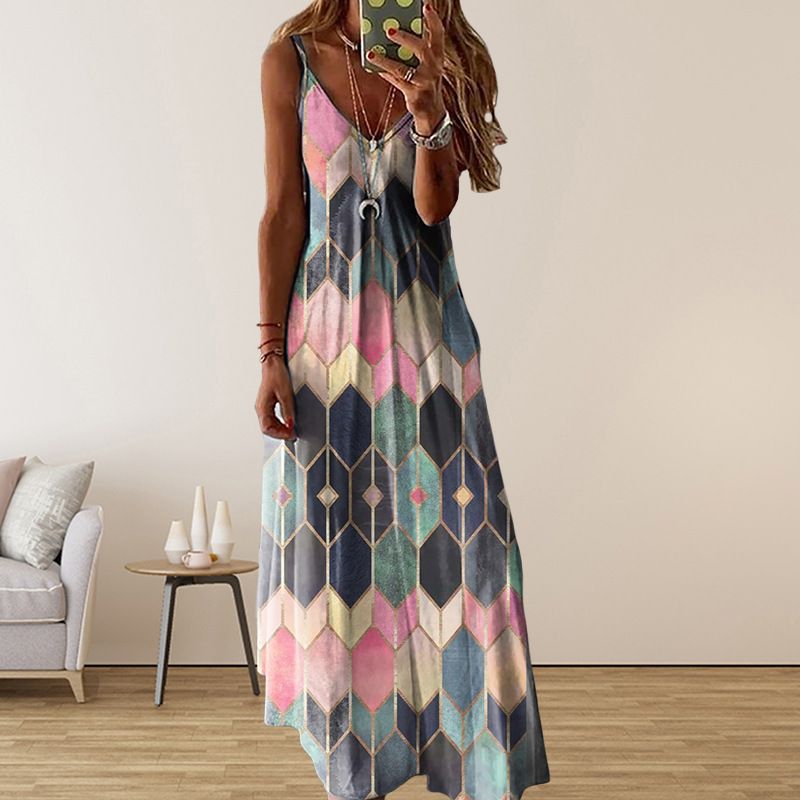 Women's Casual Long Maxi Dress Stylish V‑Neck Spaghetti Strap Design For Daily & Vacation Wear_ecoleips.com