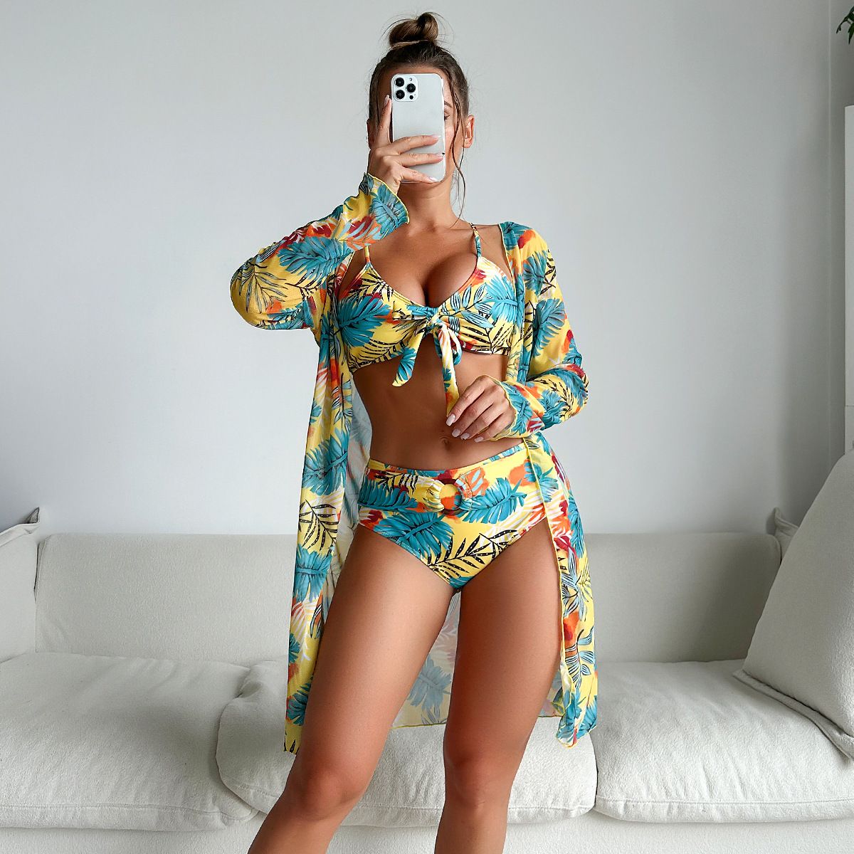 Women's Long-Sleeve Bikini Set – Floral Print Swimwear With Padded Top & UV Protection (Trendy 3-Piece For Beach & Pool)_ecoleips.com