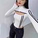 Edgy High-Neck Zip-Up Bodysuit With Cut-Out Detail & Contrast Stripes, White Long Sleeve Jumpsuit For Street Style_ecoleips.com
