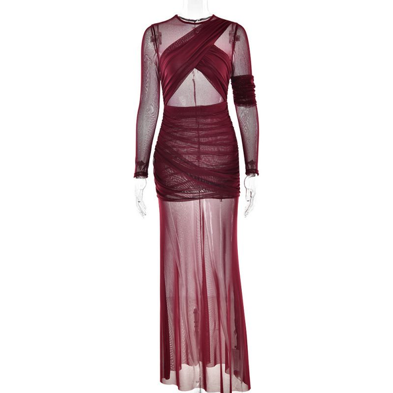 Elegant Sexy High Waist Solid Color Maxi Dress Round Neck Sheer Mesh See Through Romantic Long Dress For Women_ecoleips.com