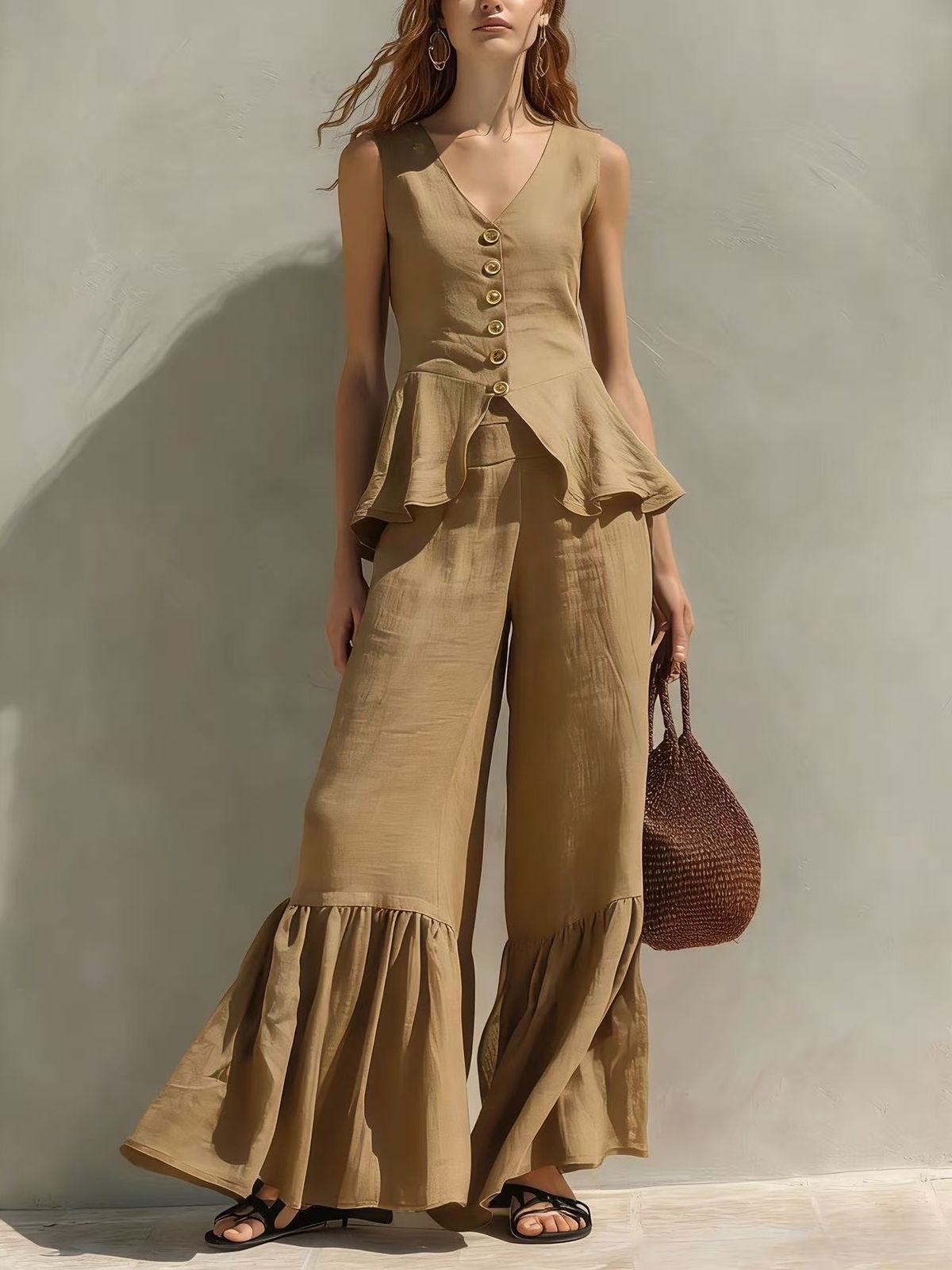 Women's Linen Ruffled Wide Leg Pants V Neck Button Up Top Resort Fashion Set New_ecoleips.com