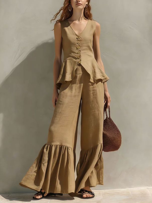Women's Linen Ruffled Wide Leg Pants V Neck Button Up Top Resort Fashion Set New_ecoleips.com