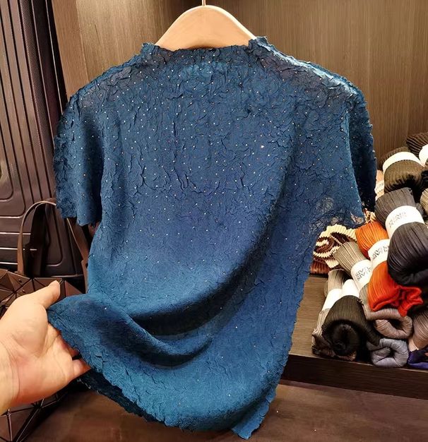 Women's Clothing Women's Classic Style Rhinestone Pleated T-Shirt Short Sleeved Fashionable Stand Up Collar Versatile Base Layer For Summer_ecoleips.com