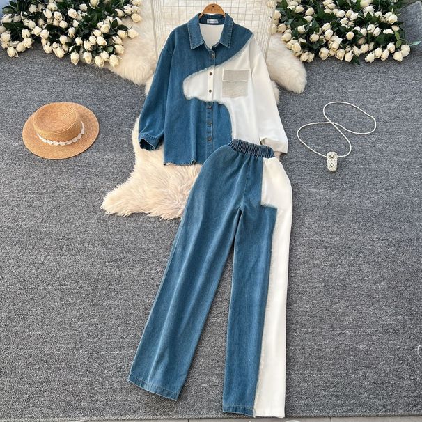 Vintage Hong Kong Style Casual Outfit For Women: Korean Version Color-Block Denim Shirt + High-Waisted Loose Wide-Leg_ecoleips.com