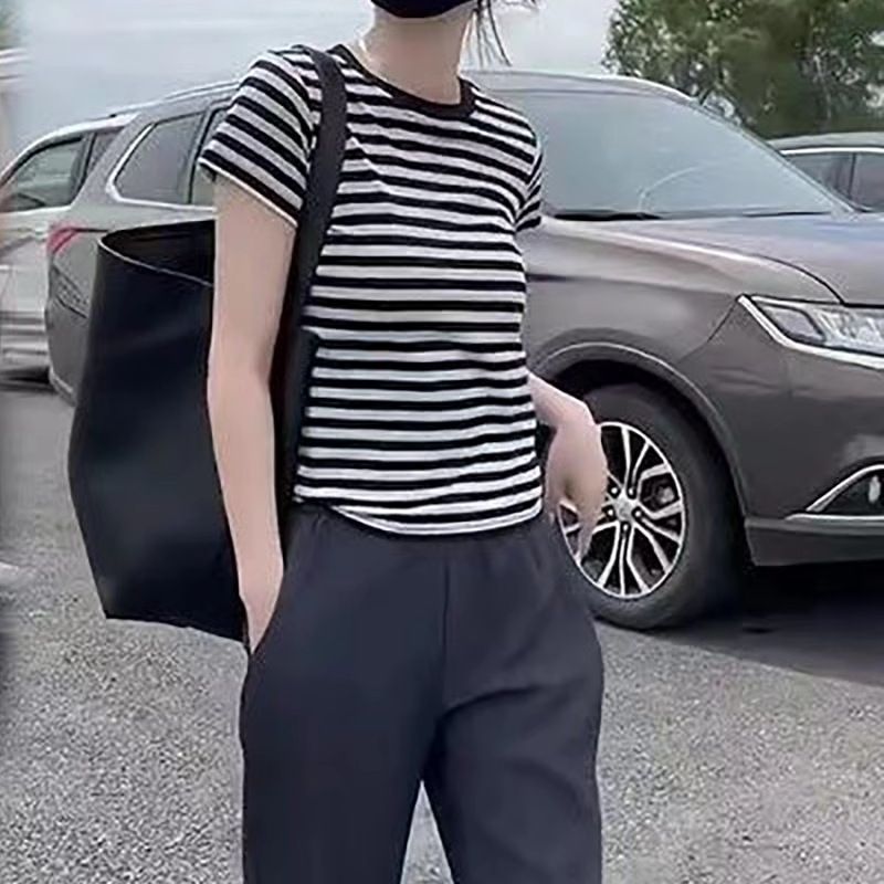 Lazy Style Striped Stylish Age-Reducing Pure Cotton Short-Sleeve Top Summer Chic Color-Block Korean Version T-Shirt For_ecoleips.com
