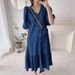 Korean Chic Summer Retro V Neck Faux Denim Dress For Women Casual Loose Fit With Ruffle Short Sleeves_ecoleips.com