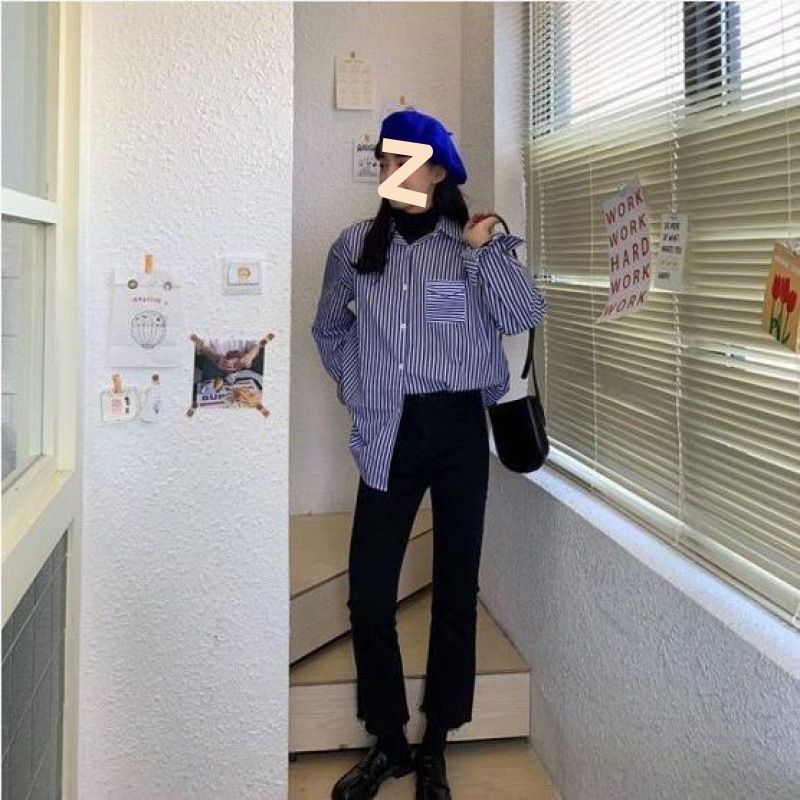 Women's Korean Style Loose Long Sleeve Striped Shirt Unique Retro Design Student Style Autumn New Arrival_ecoleips.com