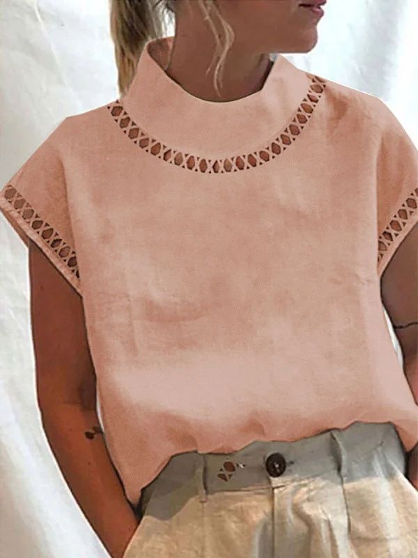 Women's Clothing Solid Color Hollow Tops Casual High Collar Linen Lace Breathable Shirt_ecoleips.com