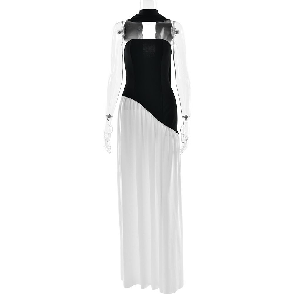 Women Trendy Formal Maxi Dress, Strapless Bandeau & Open‑Back Design, High Slit, Elegant Floating Ribbon Detail, Slim‑Fit Silhouette_ecoleips.com