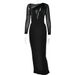 Fashion Women Long Sleeve Sheer Mesh Patchwork Deep V Neck Slimming Bodycon Elegant Long Maxi Dress_ecoleips.com