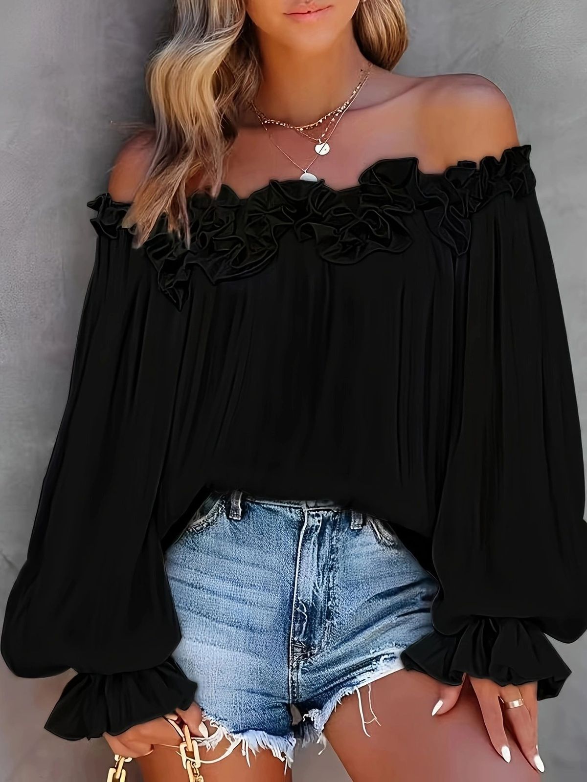Women's Clothing Hot Sale New Elegant Style Casual Off Shoulder Long Sleeved Tops Lotus Leaf Sleeves Shirt Loose Plus Size Women's Clothing_ecoleips.com