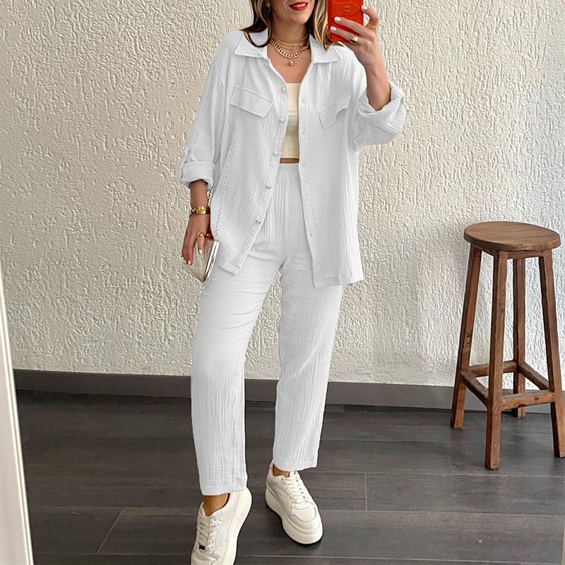 Plus Size Women's Clothing Double-layer Crepe Loose Large Size Lapel Long-sleeved Shirt Casual Suit_ecoleips.com