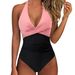 One Piece Swimsuit Women's Multi Color Printed Stitching Backless Halterneck Lace up Swimwear Backless Halterneck Swimwear_ecoleips.com
