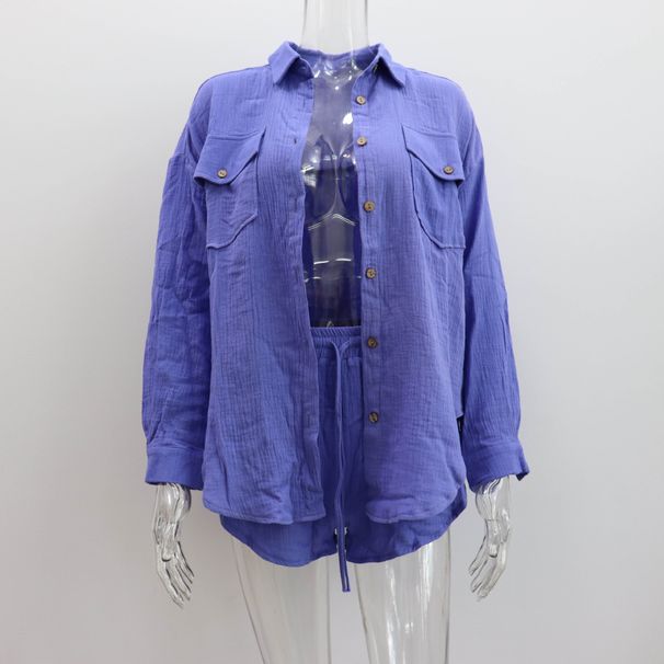 Women's Clothing new arrival lapel loose shirt high waist shorts two piece fashion casual suit_ecoleips.com