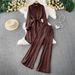 Korean Style Vintage Inspired Women's Clothing Set with Lantern Sleeves High Waisted Slimming Wide Leg Pants Rhinestone Embellishments Single Breasted Shirt_ecoleips.com