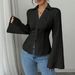 K New Elegant Women's V-neck Single Breasted Solid Color Shirt_ecoleips.com
