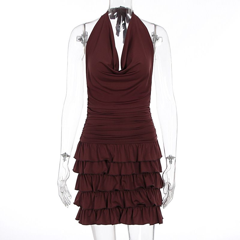 American Spicy Girls Style Sexy Halter Low Waist Tiered Ruffle Hem Sleeveless Dress Open Back Plunge Neck Drop Waist Casual Party Dress For Women_ecoleips.com