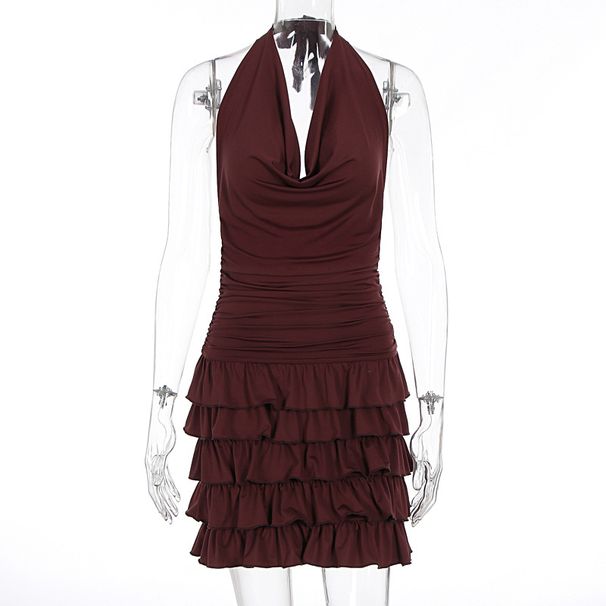 American Spicy Girls Style Sexy Halter Low Waist Tiered Ruffle Hem Sleeveless Dress Open Back Plunge Neck Drop Waist Casual Party Dress For Women_ecoleips.com