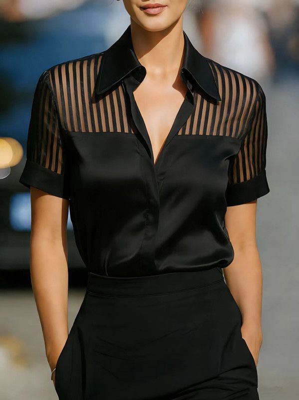 Elegant V-Neck Satin Sheer Striped Short Sleeve Shirt For Office & Casual Wear - Breathable & Stylish_ecoleips.com