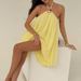 Chiffon Pleated Solid Color Women's Party Dress Off Shoulder Elegant Holiday Dress Metal Buckle Hanging Neck Hollow Summer Dress_ecoleips.com
