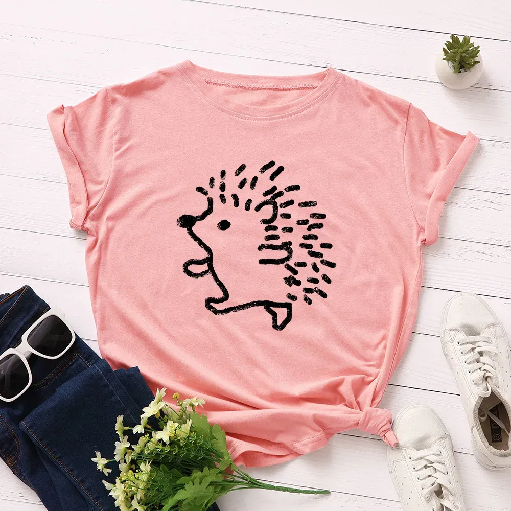 100% Cotton Women T-shirts Cute Hedgehog Printed Graphic T Shirts Woman Short Sleeve Tees Top Female Clothing Ladies Tshirt_ecoleips.com