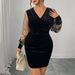 Women's Clothing Plus Size Clothes "Sleek V-Neck Velvet Bodycon Dress High Waist Long Sleeve Printed Dress, Elegant & Sexy Fit"_ecoleips.com