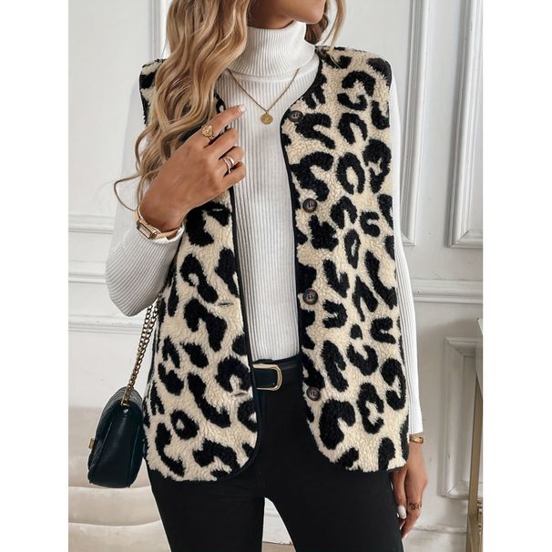 Women's Fashion Faux Fur Vest With Leopard Print Front Button Closure Soft Cozy Winter Layering Piece For Casual Office Wear_ecoleips.com