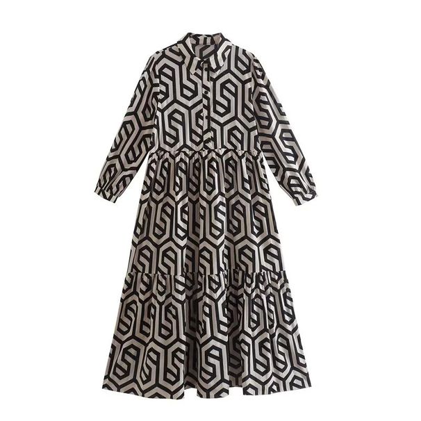Women's Dress With Fashionable Long Sleeves, Turned-Up Collar, Printed Shirt-Style Dress_ecoleips.com