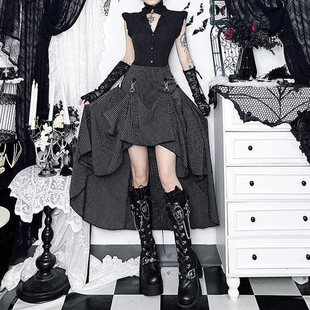 Women's Gothic Style Striped Midi Skirt XS25192 Two-Way Design Perfect for Banquets_ecoleips.com