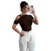 Women's Slim Fit Solid Color T-Shirt One Shoulder Metal Ring Short Sleeved Top Sexy Base Layer European American Style_ecoleips.com
