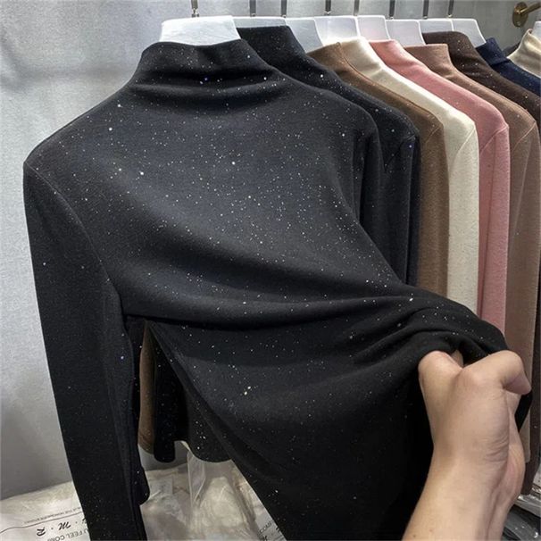 Double-Layer Velvet & Sequin Semi-Turtleneck Top – Slim Fit Long Sleeve Base Layer (Women’s, Stretch Comfort, M-2XL, Casual & Party Wear)_ecoleips.com
