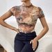 European And American Cross-border 2026 New Elegant Mesh Printed Ruffled Short-sleeve T-shirt Slimming Top_ecoleips.com