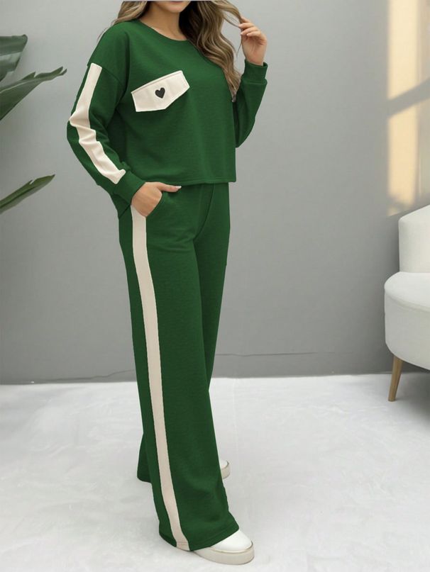 Women's Heart Print Two Piece Set Long Sleeved Top & High Waisted Color Block Pants Autumn Winter Casual Comfortable Streetwear_ecoleips.com