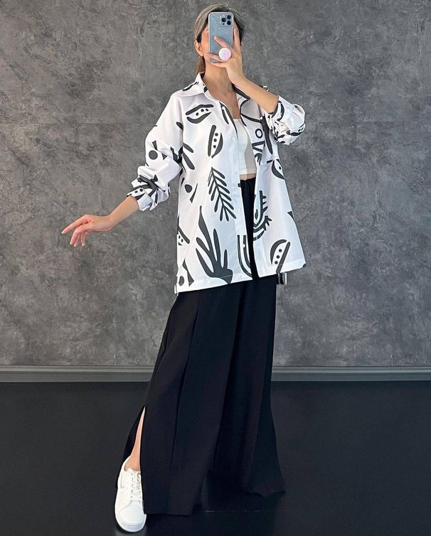 Women's Clothing New Casual Long Sleeved Printed Shirt High Waist Slit Wide Leg Pants Suit_ecoleips.com