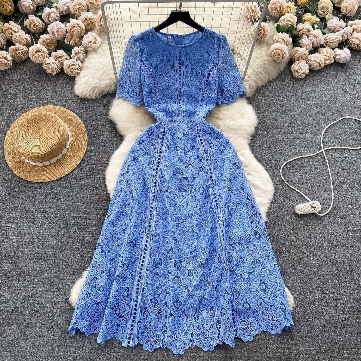 Women's Clothing Small Retro High End Round Neck Lotus Sleeve Lace Dress Female Summer New Slim Temperament Elegant Long Skirt_ecoleips.com
