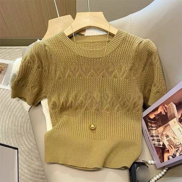 Women's Summer Round Neck Ice Silk Knitted Top Short Sleeve T-Shirt Loose Fit Elegant Trendy Short Casual Knitwear New Style_ecoleips.com