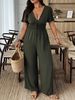 Plus-size Elegant Jumpsuit For Women, Solid Color V-neck Jumpsuit, Short-sleeved Casual Women's Wear For Summer, Suitable For Daily Commuting._ecoleips.com