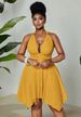 Curvy Jacquard Knit Halter Mini Dress, Metal Buckle Back Bow Ruched Waist Irregular Open Back For Beach Festival Party_ecoleips.com