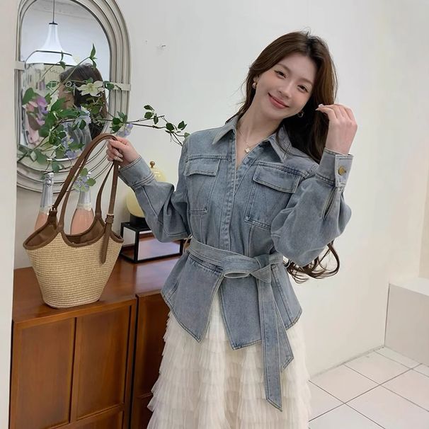 High-end Quality 2025 Spring New Fashion Hong Kong Style Retro Washed Denim Jacket With Belt For Women_ecoleips.com