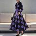 Women's V-Neck Long Sleeve Floral Dress – Elegant Printed Midi Dress For Spring & Fall (Violet, S-XXL)_ecoleips.com